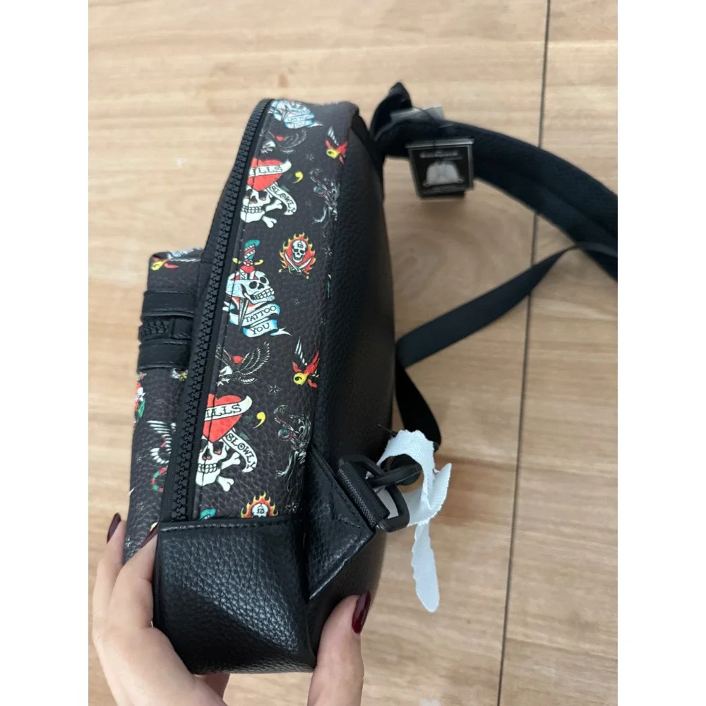 Ed Hardy Black Multi Tattoo Print Sling Bag Backpack Crossbody New NWT